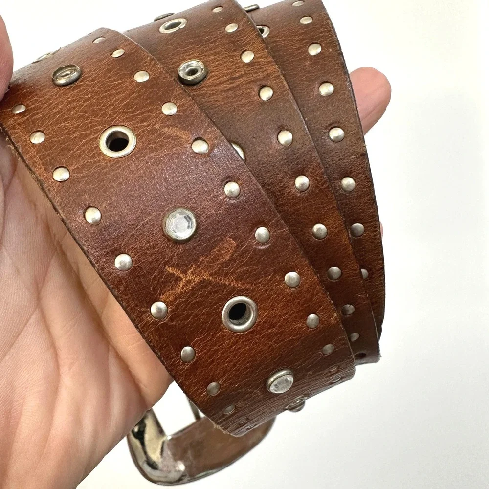 Y2K Genuine Leather Western Studded Belt L Brown Floral Engraved Buckle Cowgirl